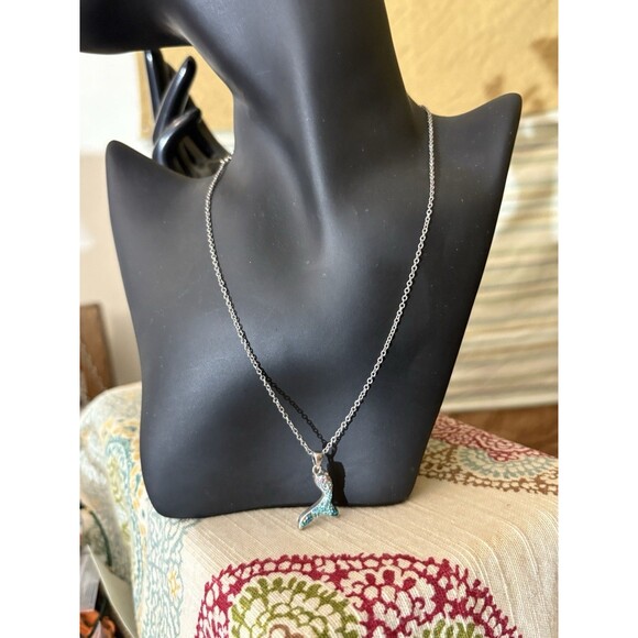 Mermaid Tail Necklace Pink Green Blue Shiny Silver Plated Rhinestones Fish Tail - Picture 8 of 8